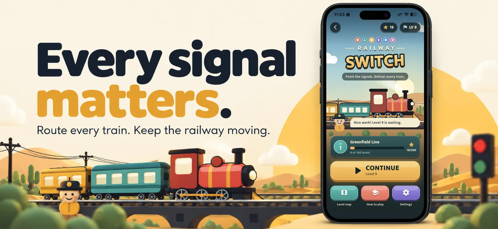 Railway Switch: a cartoon steam train on a desert line beside the game home screen on a phone