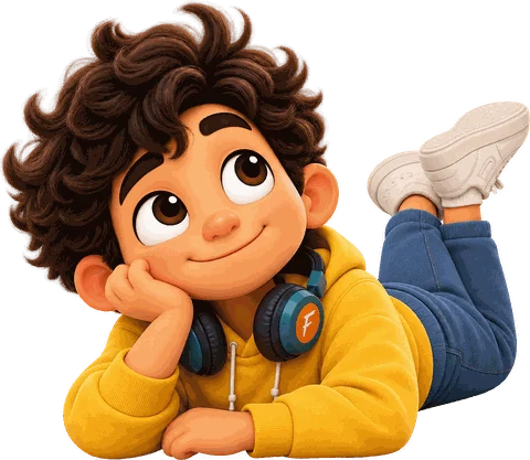 Fursat's curly-haired mascot lying on his tummy with headphones