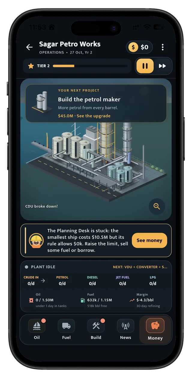 Refindery operations screen with the plant